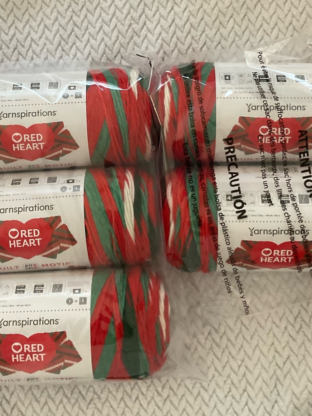 5 Skeins of Red Heart Quilt Motif Yarn Christmas  Holiday  Red Green & White